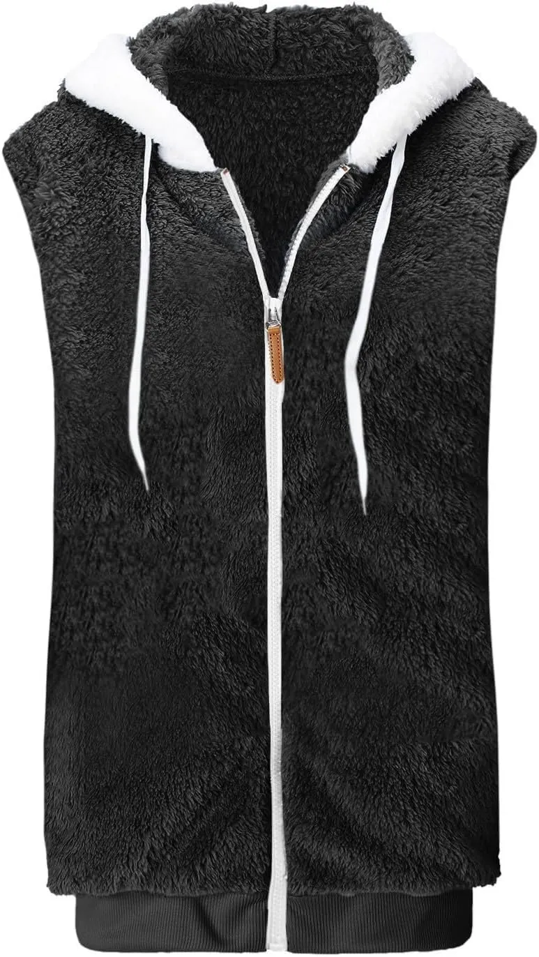 Women's Patchwork Fuzzy Jackets Cozy Fleece Plush Coats Loose Hooded Zip Up Hoodies Outerwear Zipper Sweatshirt