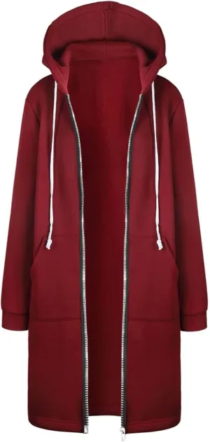 Women's Plus Size Hooded Coat Long Zipper Sweatshirts Lightweight Fall Jacket Fashion Trendy Casual Trench Coat