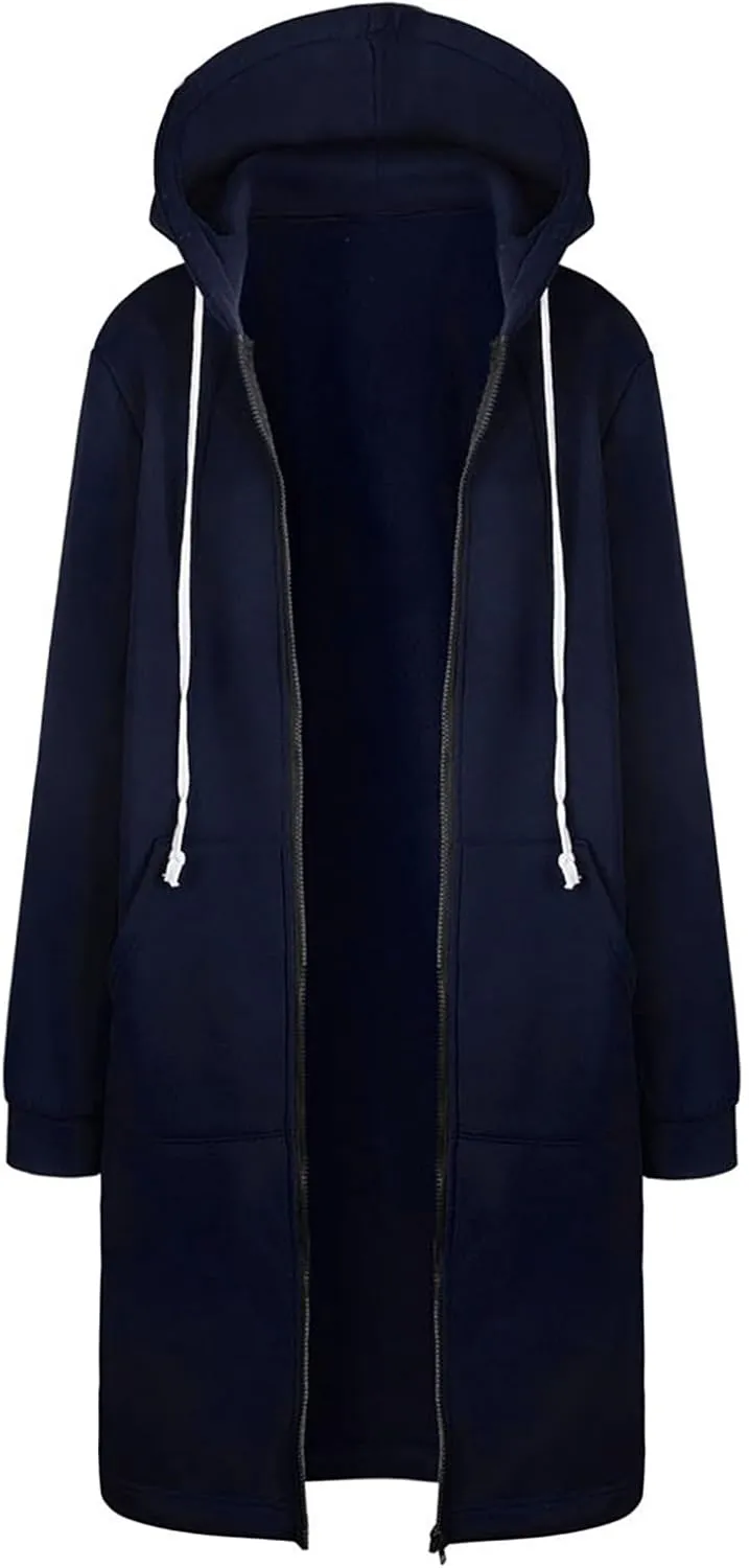 Women's Plus Size Hooded Coat Long Zipper Sweatshirts Lightweight Fall Jacket Fashion Trendy Casual Trench Coat