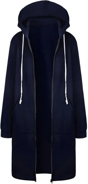 Women's Plus Size Hooded Coat Long Zipper Sweatshirts Lightweight Fall Jacket Fashion Trendy Casual Trench Coat