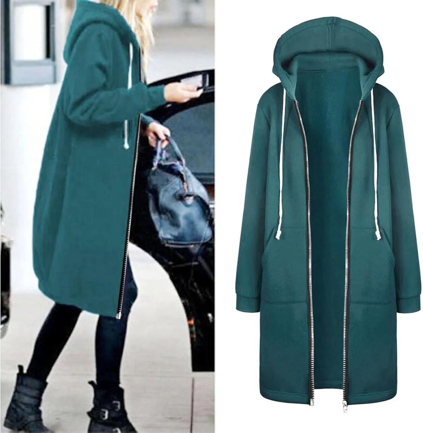 Women's Plus Size Hooded Coat Long Zipper Sweatshirts Lightweight Fall Jacket Fashion Trendy Casual Trench Coat
