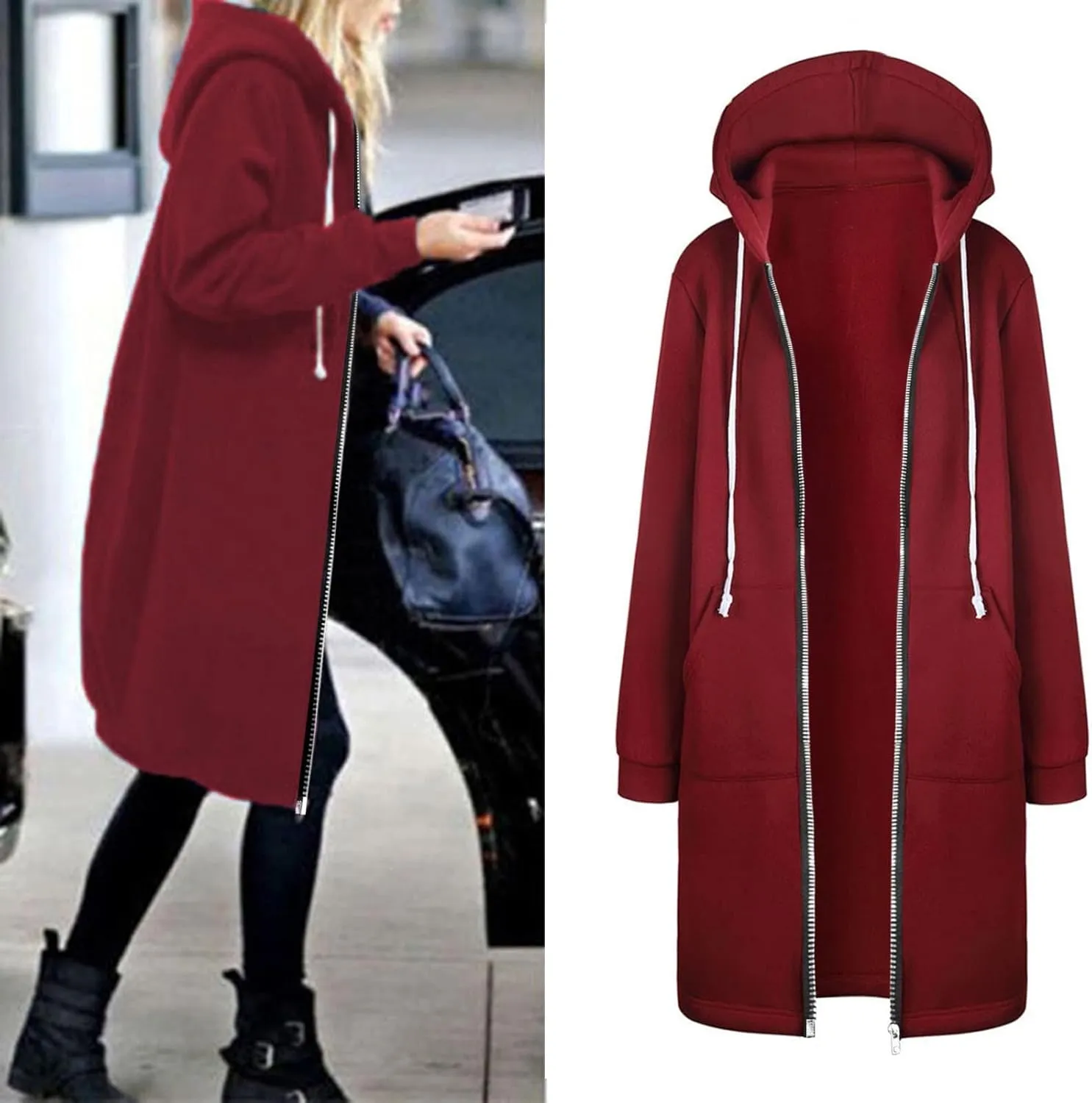 Women's Plus Size Hooded Coat Long Zipper Sweatshirts Lightweight Fall Jacket Fashion Trendy Casual Trench Coat
