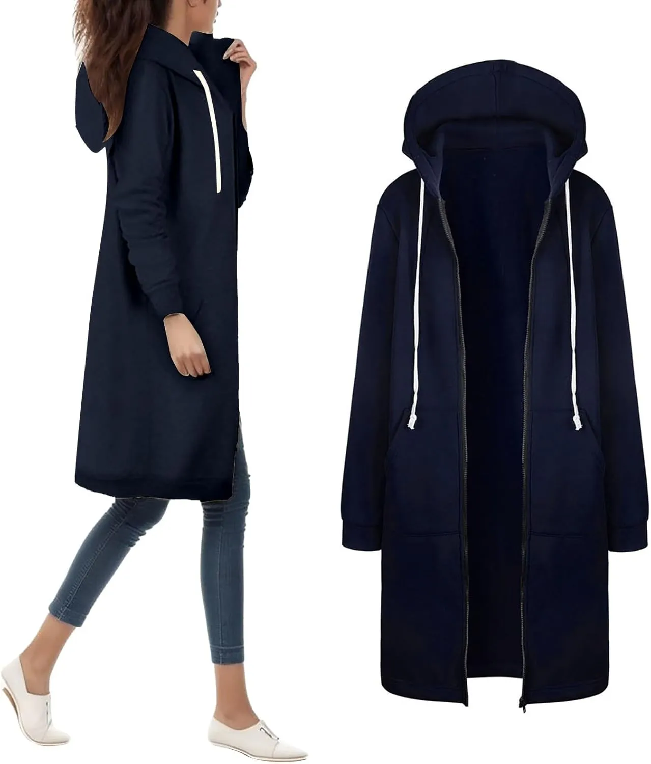 Women's Plus Size Hooded Coat Long Zipper Sweatshirts Lightweight Fall Jacket Fashion Trendy Casual Trench Coat