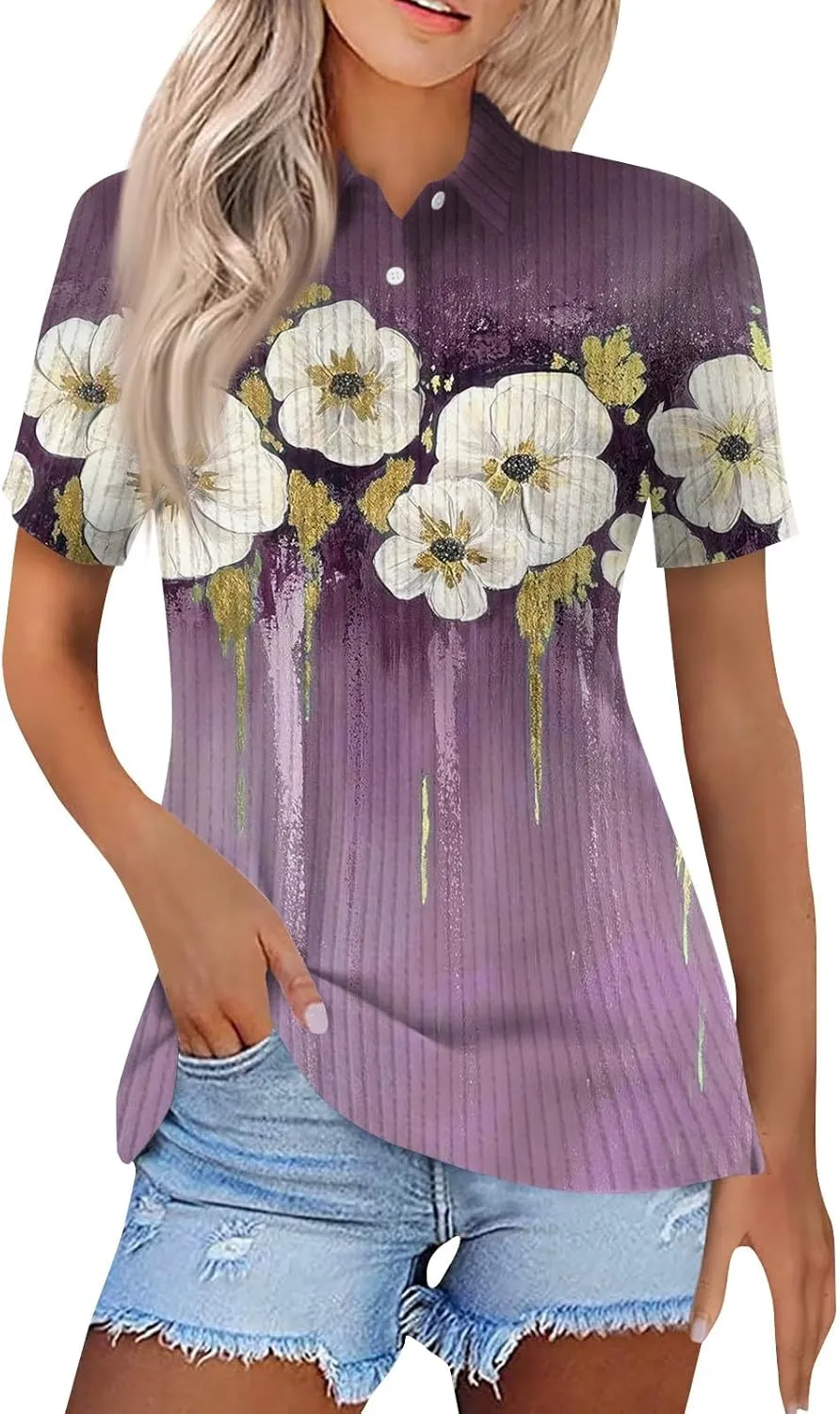 Women's Polo Shirts Short Sleeve Ribbed Button Collared Tops Spring Casual Loose Tees Tops