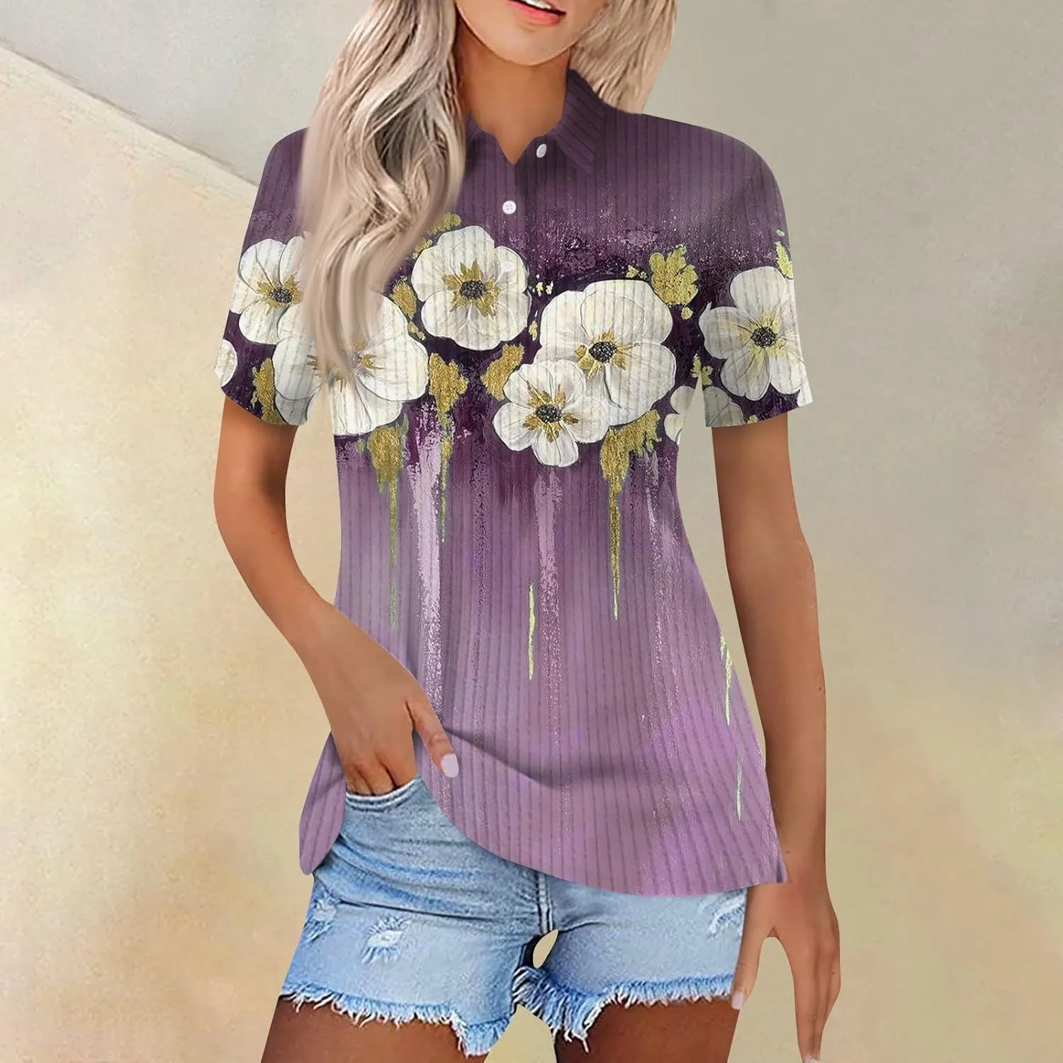 Women's Polo Shirts Short Sleeve Ribbed Button Collared Tops Spring Casual Loose Tees Tops