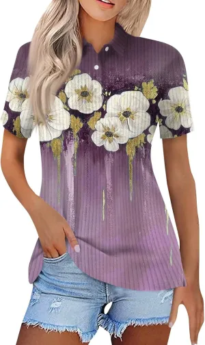 Women's Polo Shirts Short Sleeve Ribbed Button Collared Tops Spring Casual Loose Tees Tops
