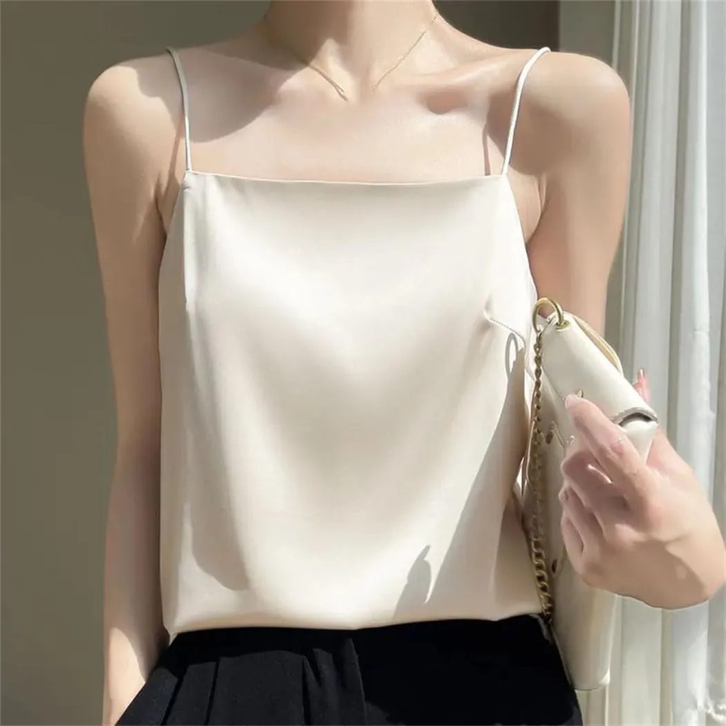 Women's Satin Sleeveless Tank Top Slim Fit Versatile Camisole With Thin Straps Korean-Inspired Layering Piece