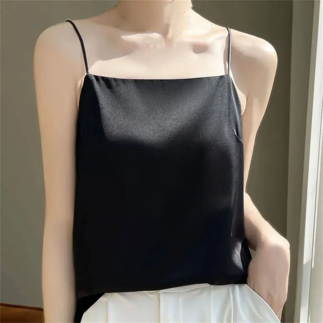 Women's Satin Sleeveless Tank Top Slim Fit Versatile Camisole With Thin Straps Korean-Inspired Layering Piece