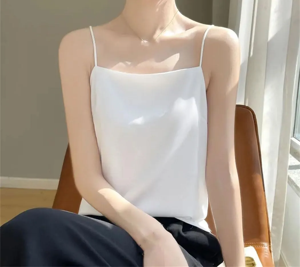 Women's Satin Sleeveless Tank Top Slim Fit Versatile Camisole With Thin Straps Korean-Inspired Layering Piece