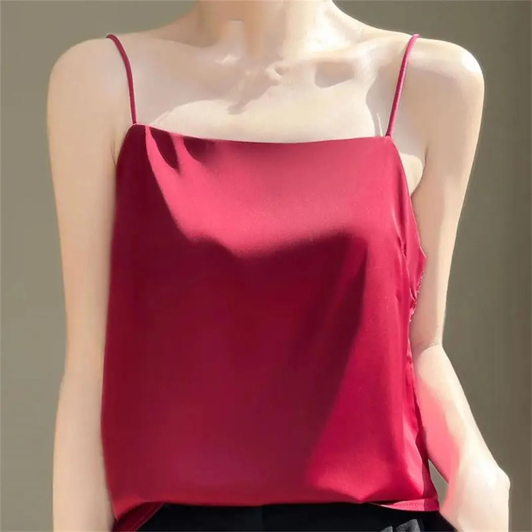 Women's Satin Sleeveless Tank Top Slim Fit Versatile Camisole With Thin Straps Korean-Inspired Layering Piece