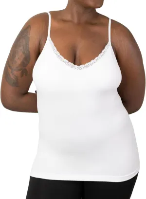 Women's Seamless V-Neck with Lace Trim Slim-Fit Camisole, Wireless Removable Padded Tank Top for Everyday Wear