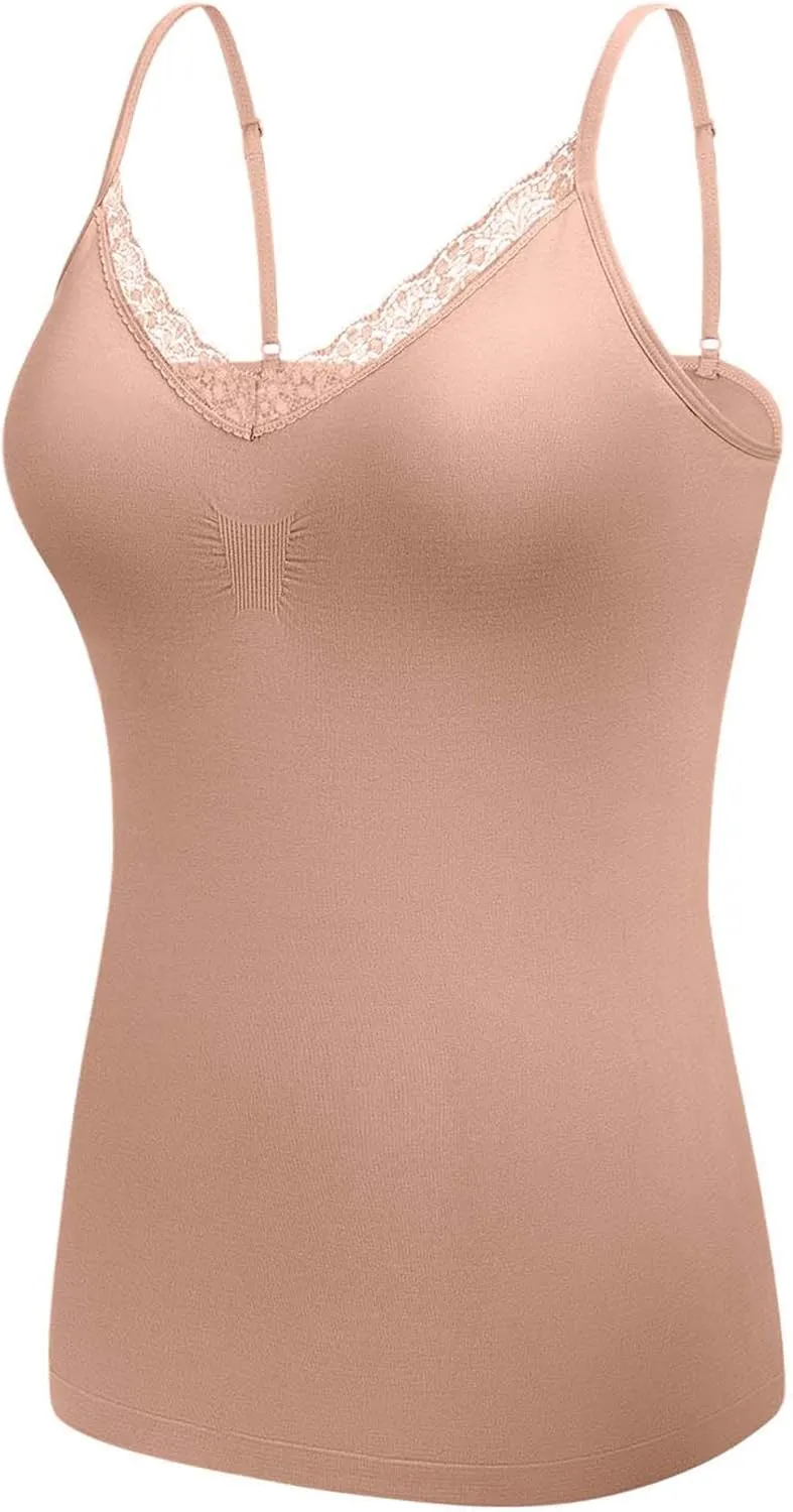Women's Seamless V-Neck with Lace Trim Slim-Fit Camisole, Wireless Removable Padded Tank Top for Everyday Wear