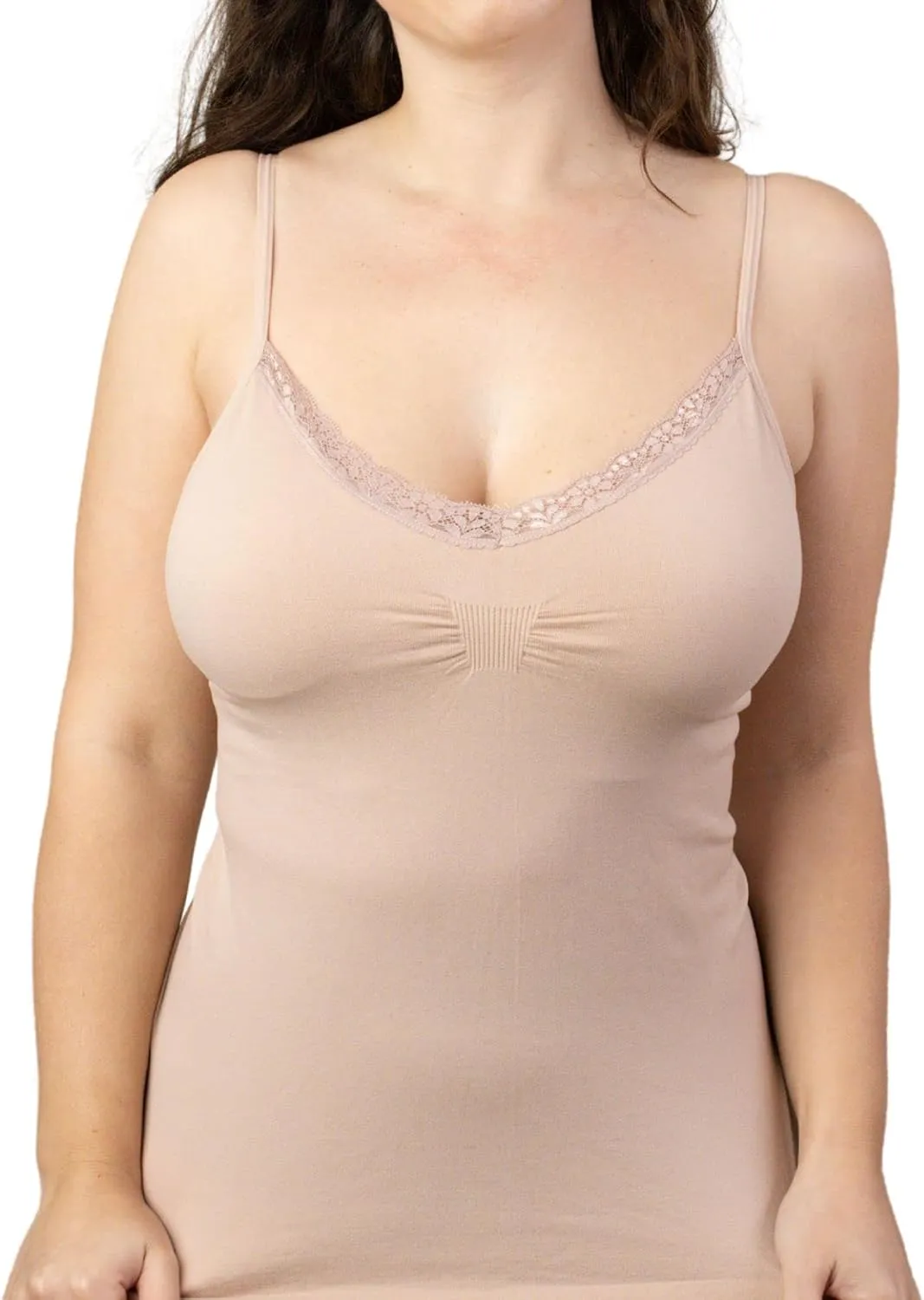 Women's Seamless V-Neck with Lace Trim Slim-Fit Camisole, Wireless Removable Padded Tank Top for Everyday Wear