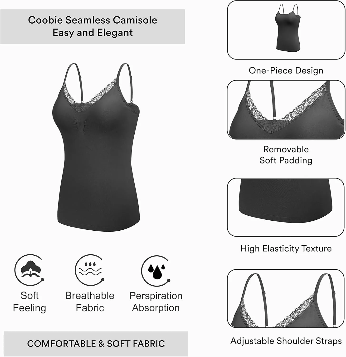 Women's Seamless V-Neck with Lace Trim Slim-Fit Camisole, Wireless Removable Padded Tank Top for Everyday Wear