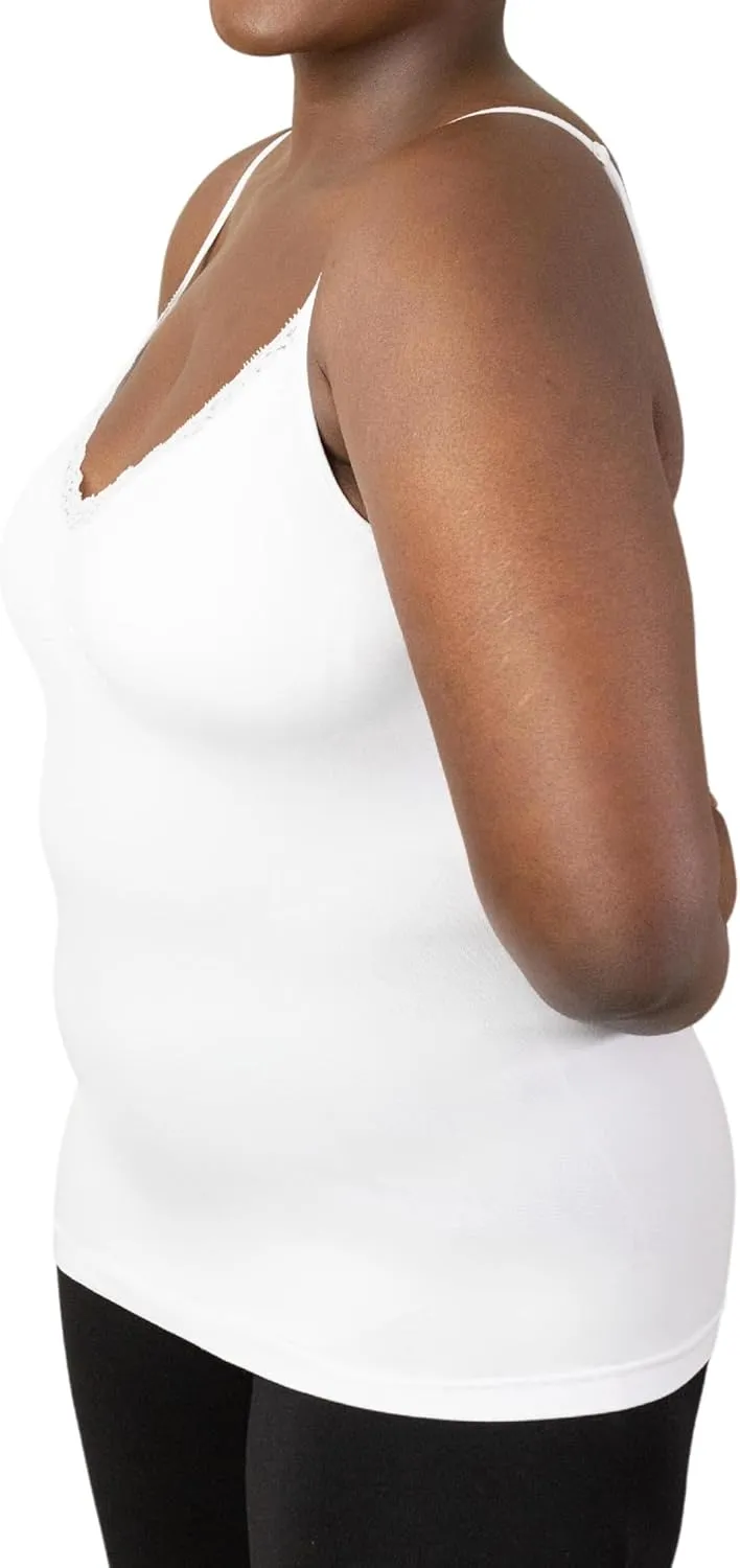 Women's Seamless V-Neck with Lace Trim Slim-Fit Camisole, Wireless Removable Padded Tank Top for Everyday Wear