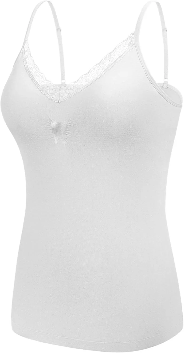 Women's Seamless V-Neck with Lace Trim Slim-Fit Camisole, Wireless Removable Padded Tank Top for Everyday Wear