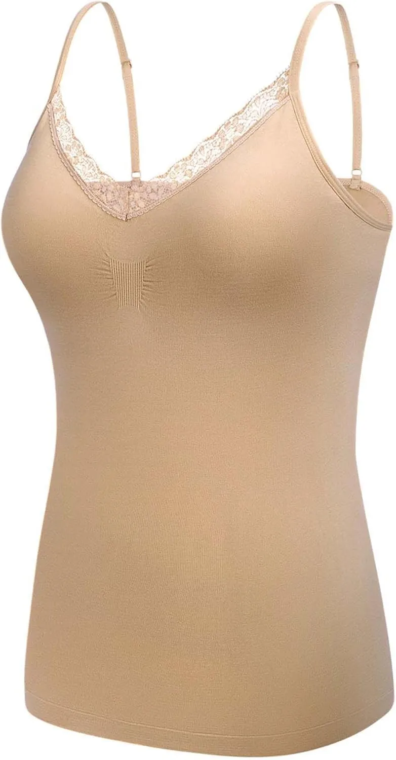 Women's Seamless V-Neck with Lace Trim Slim-Fit Camisole, Wireless Removable Padded Tank Top for Everyday Wear