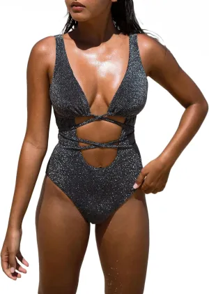 Women's Sexy Lurex Cutout-Front High Cut One-Piece Swimsuit