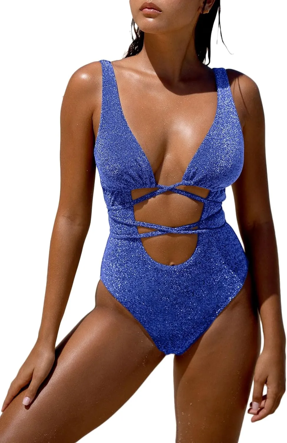 Women's Sexy Lurex Cutout-Front High Cut One-Piece Swimsuit