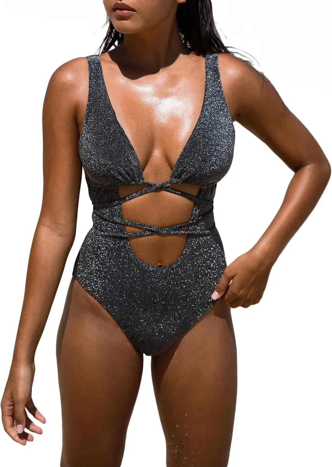 Women's Sexy Lurex Cutout-Front High Cut One-Piece Swimsuit
