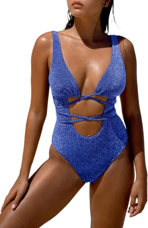 Women's Sexy Lurex Cutout-Front High Cut One-Piece Swimsuit