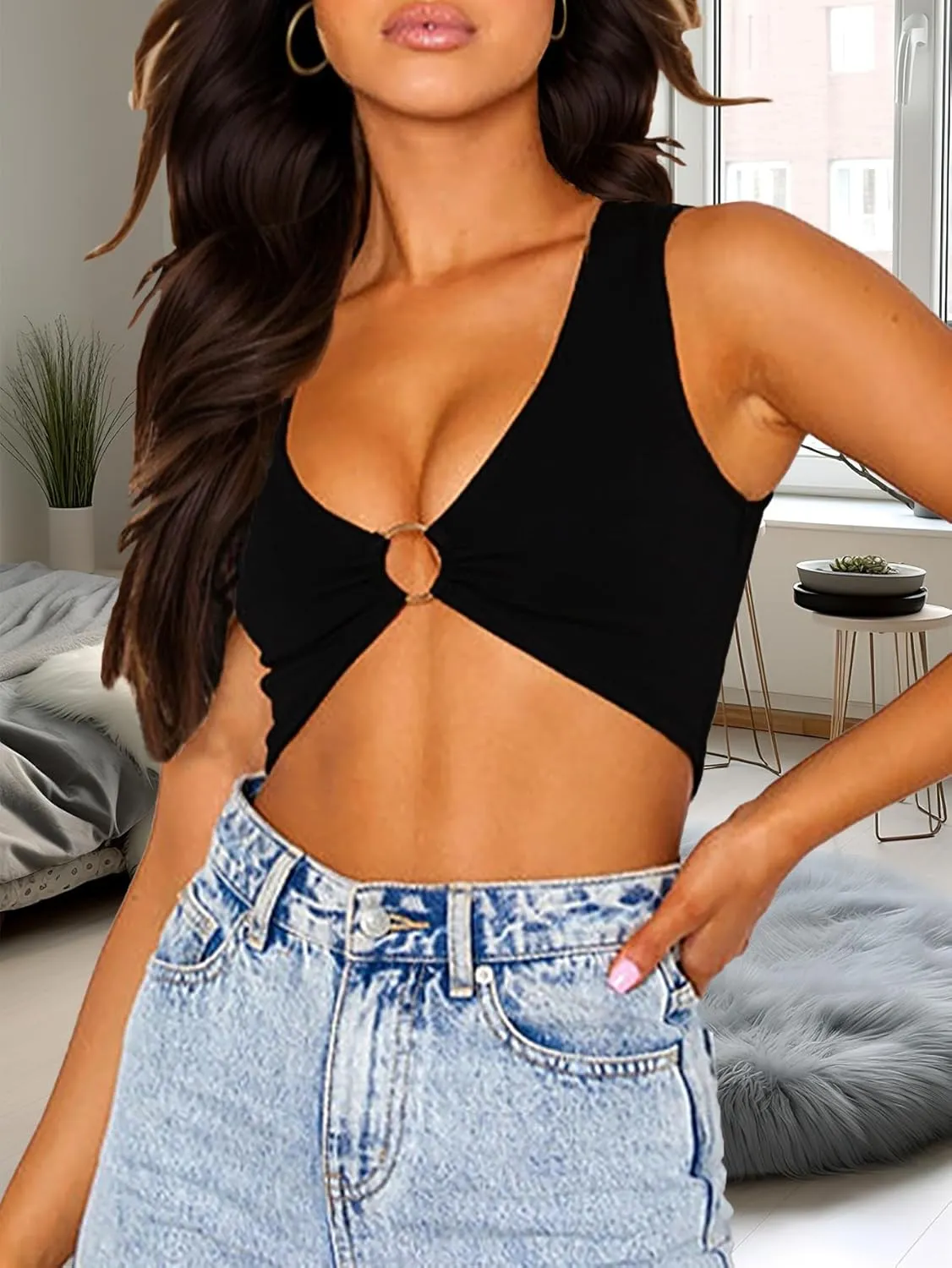 Women's Sexy Sleeveless Crop Top Camisole Deep V Neck Tank Top