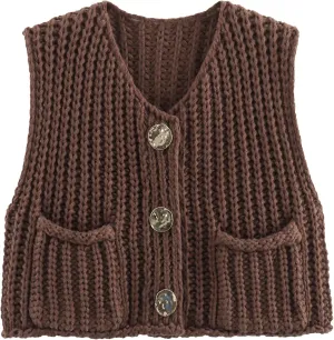 Womens Sleeveless Crop Chunky Knit Cardigan Sweater Vest Trendy Button Down Crochet Knitted Vest Top with Pockets