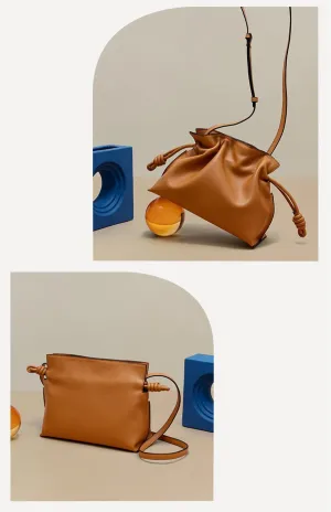Women's Small Designer leather versatile crossbody cloud drawstring pleated bucket bag with fashionable