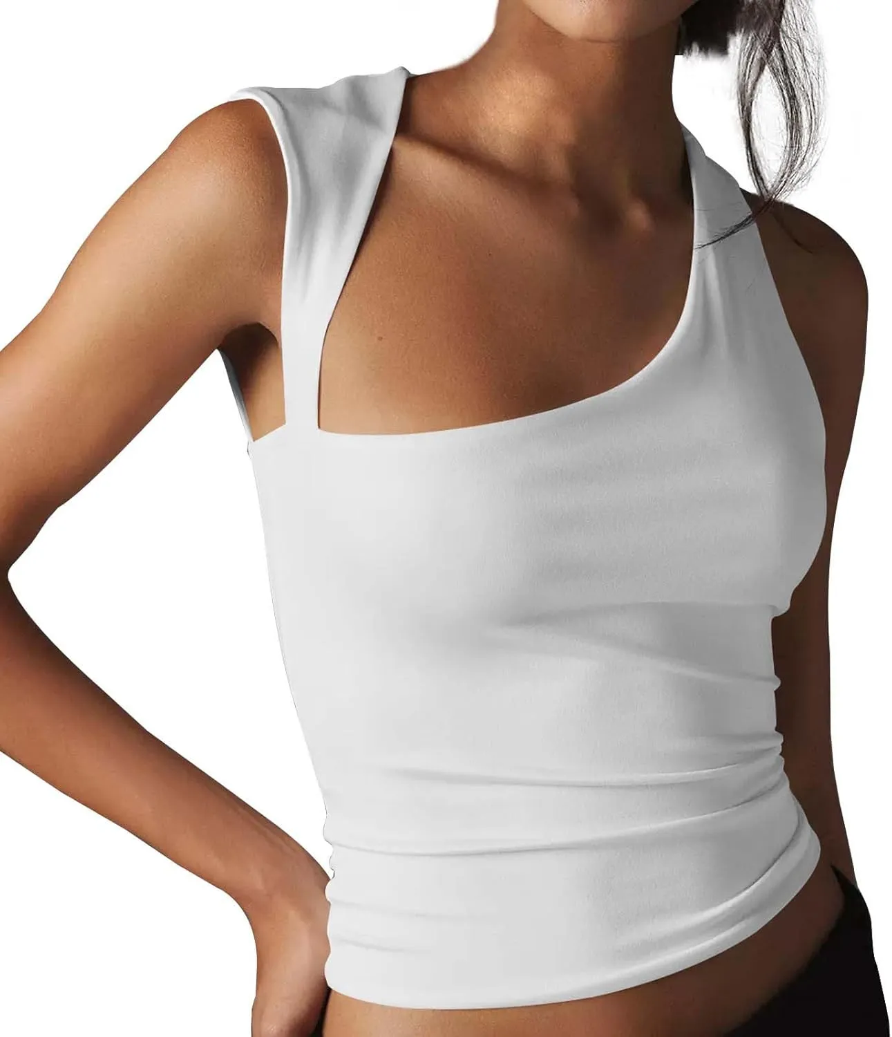 Women's Solid Color Asymmetric Neckline Sexy Backless Crop Top Slim Fit Vest for Outerwear Camisole Top with Bra