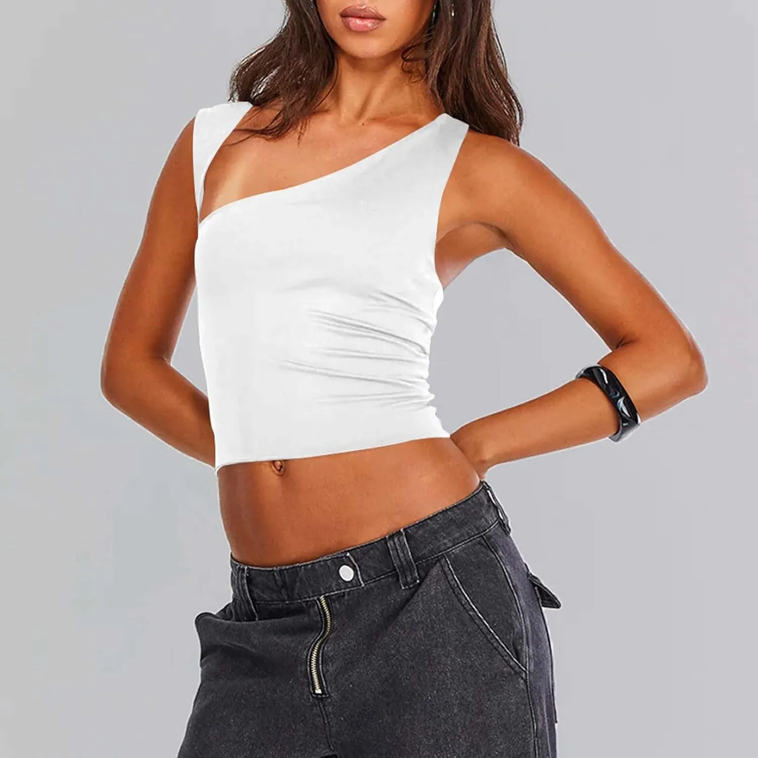 Women's Solid Color Asymmetric Neckline Sexy Backless Crop Top Slim Fit Vest for Outerwear Camisole Top with Bra