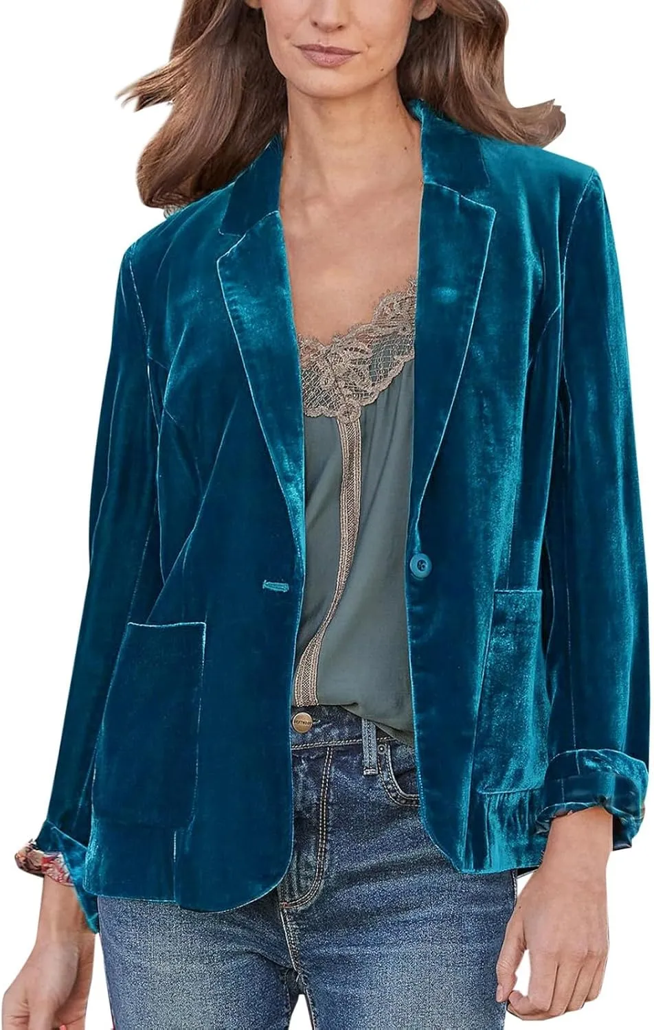 Womens Solid Color Long Sleeve Velvet Jacket Retro Casual Work office Notched Lapel Button Blazer Jacket Outerwear