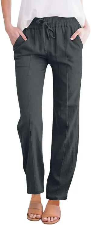 Women's Solid Cotton Linen Straight Pants Drawstring Lightweight Summer Relax Fit Trouser Wide Leg Trousers with Pockets