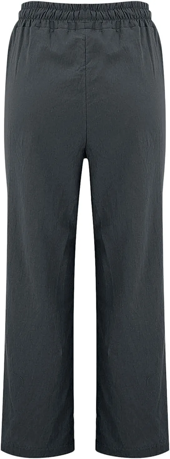 Women's Solid Cotton Linen Straight Pants Drawstring Lightweight Summer Relax Fit Trouser Wide Leg Trousers with Pockets