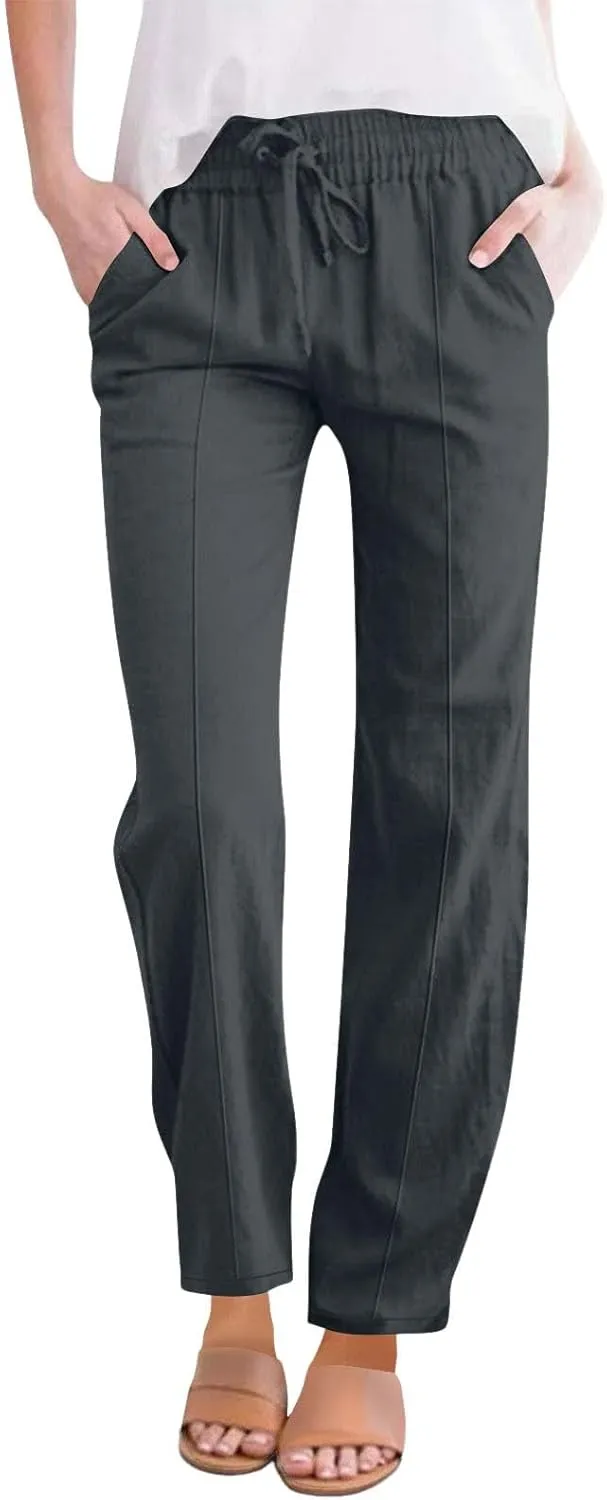 Women's Solid Cotton Linen Straight Pants Drawstring Lightweight Summer Relax Fit Trouser Wide Leg Trousers with Pockets