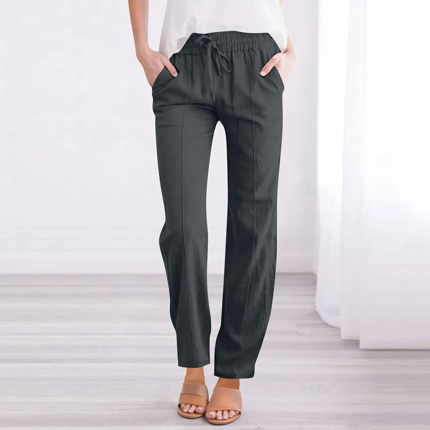 Women's Solid Cotton Linen Straight Pants Drawstring Lightweight Summer Relax Fit Trouser Wide Leg Trousers with Pockets