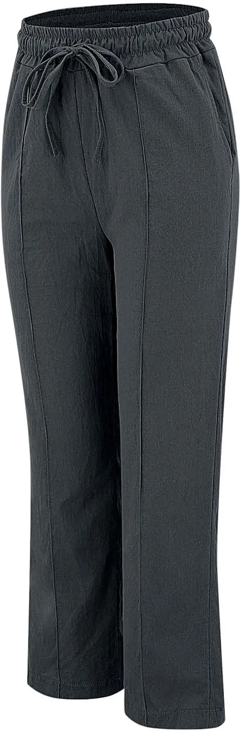 Women's Solid Cotton Linen Straight Pants Drawstring Lightweight Summer Relax Fit Trouser Wide Leg Trousers with Pockets