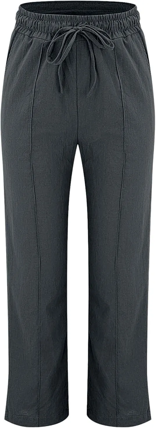 Women's Solid Cotton Linen Straight Pants Drawstring Lightweight Summer Relax Fit Trouser Wide Leg Trousers with Pockets