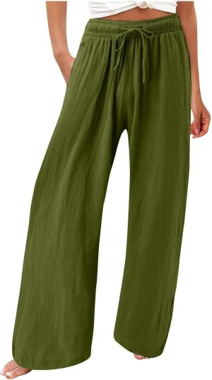 Womens Solid Cotton Linen Straight Pants Drawstring Summer High-Waist Pant Loose Flowy Trousers for Vacation Beach Travel