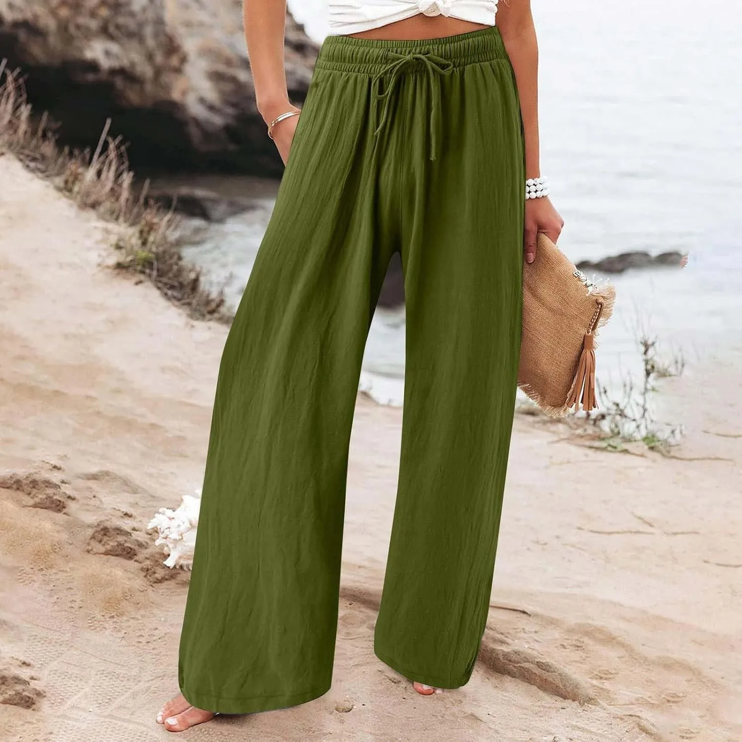 Womens Solid Cotton Linen Straight Pants Drawstring Summer High-Waist Pant Loose Flowy Trousers for Vacation Beach Travel