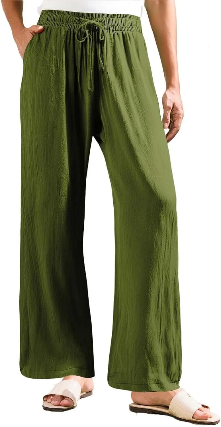 Womens Solid Cotton Linen Straight Pants Drawstring Summer High-Waist Pant Loose Flowy Trousers for Vacation Beach Travel