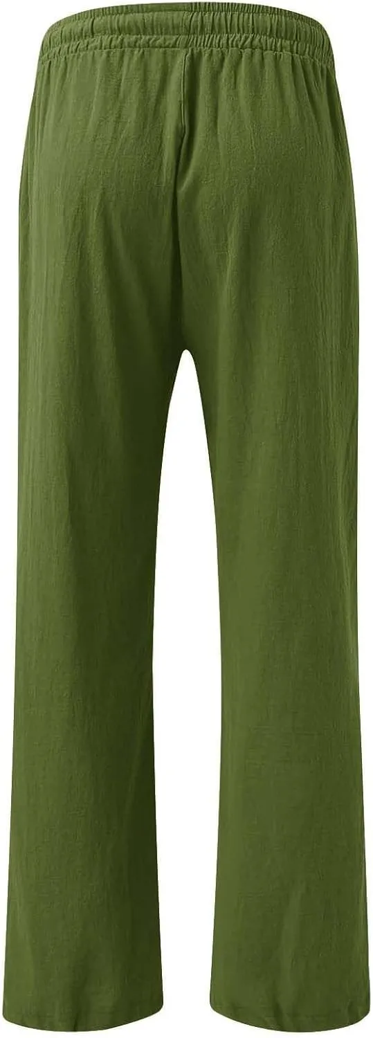 Womens Solid Cotton Linen Straight Pants Drawstring Summer High-Waist Pant Loose Flowy Trousers for Vacation Beach Travel