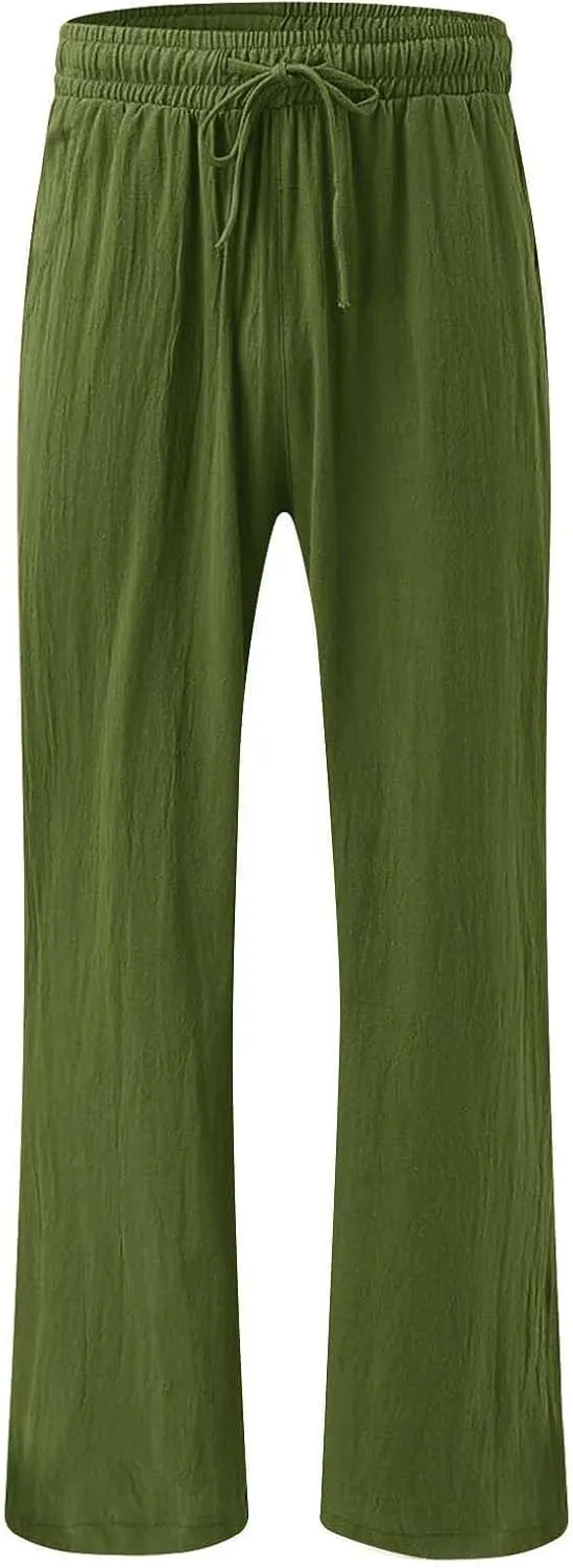 Womens Solid Cotton Linen Straight Pants Drawstring Summer High-Waist Pant Loose Flowy Trousers for Vacation Beach Travel