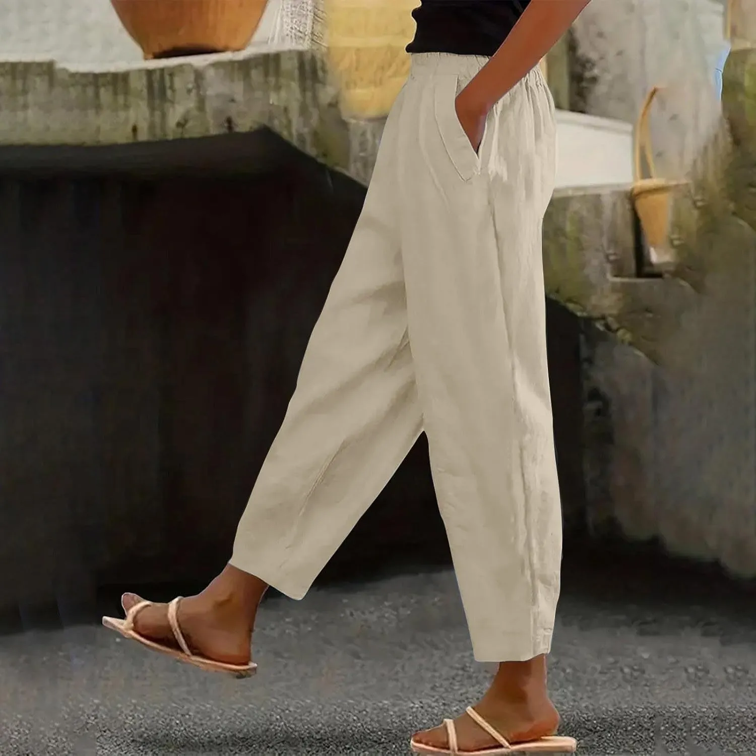 Womens Solid Cotton Linen Straight Pants High Waisted Wide Leg Trousers with Pokets Loose Comfy Causal Pant for Summer Beach