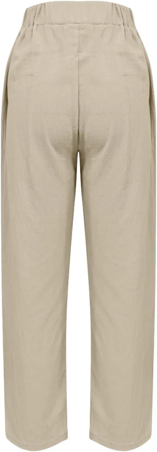 Womens Solid Cotton Linen Straight Pants High Waisted Wide Leg Trousers with Pokets Loose Comfy Causal Pant for Summer Beach