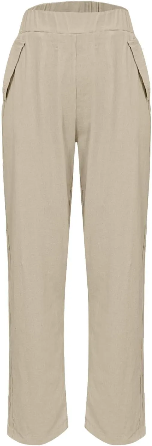 Womens Solid Cotton Linen Straight Pants High Waisted Wide Leg Trousers with Pokets Loose Comfy Causal Pant for Summer Beach
