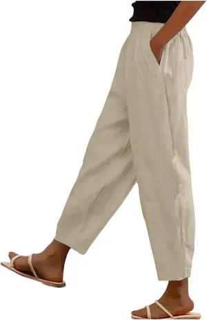Womens Solid Cotton Linen Straight Pants High Waisted Wide Leg Trousers with Pokets Loose Comfy Causal Pant for Summer Beach