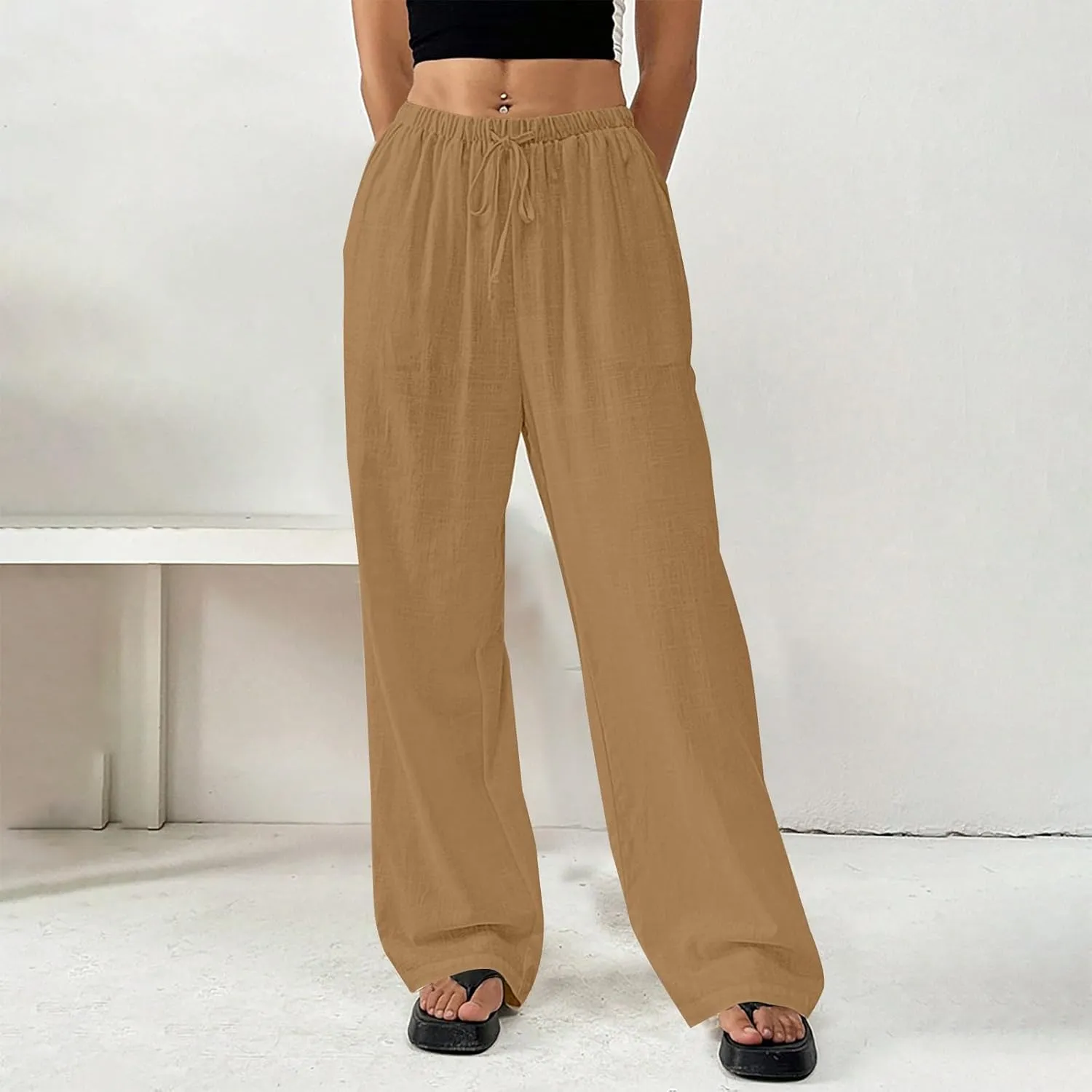 Women's Solid Cotton Linen Wide Leg Pants Drawstring Lightweight Summer Relax Fit Trouser Straight Trousers with Pockets