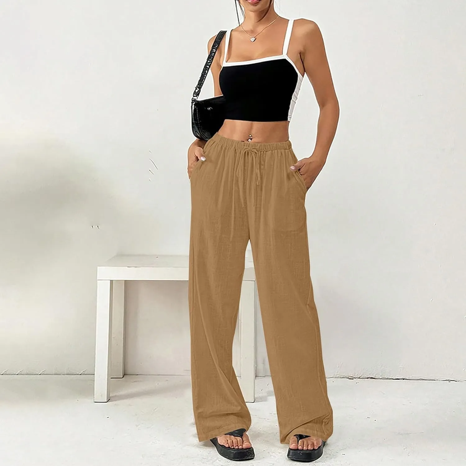 Women's Solid Cotton Linen Wide Leg Pants Drawstring Lightweight Summer Relax Fit Trouser Straight Trousers with Pockets