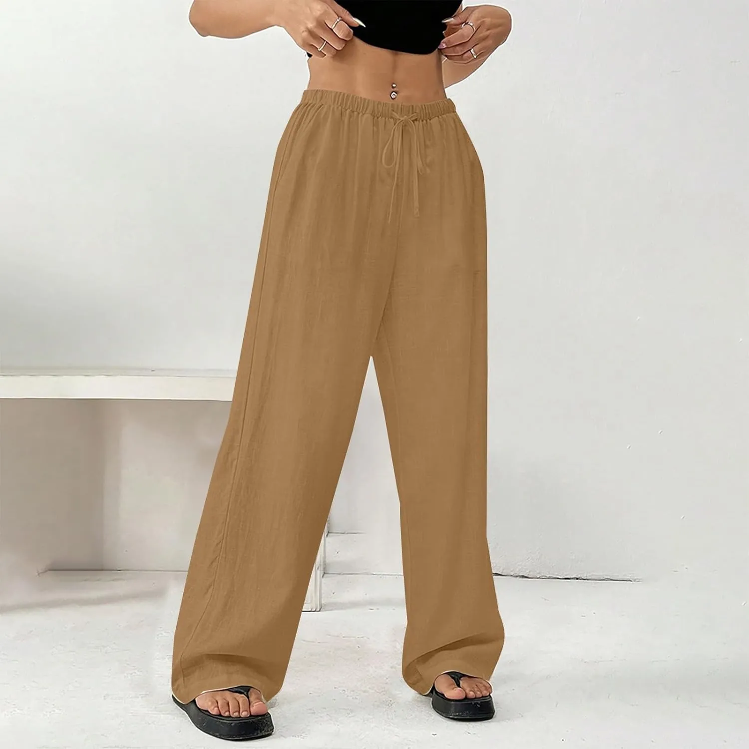 Women's Solid Cotton Linen Wide Leg Pants Drawstring Lightweight Summer Relax Fit Trouser Straight Trousers with Pockets