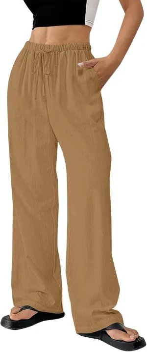 Women's Solid Cotton Linen Wide Leg Pants Drawstring Lightweight Summer Relax Fit Trouser Straight Trousers with Pockets
